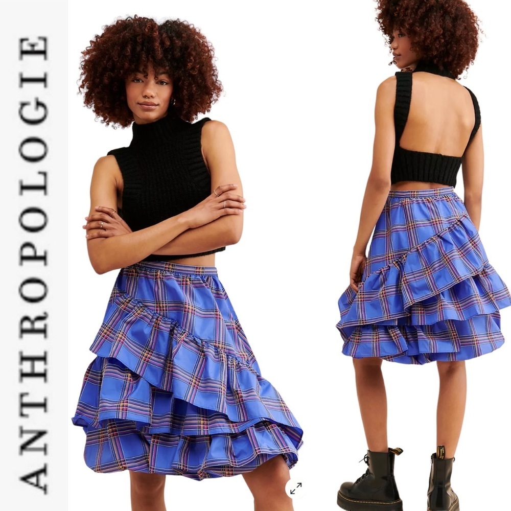 NWT Anthropologie Maeve Blue Plaid Tiered Ruffle Skirt 2